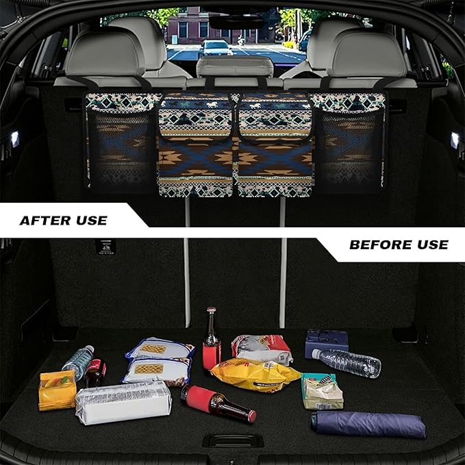 CLOHOMIN Aztec Ethnic Horse Backseat Car Organizer Hanging Cargo Storage Organizer with 4 Pockets Blue Car Seatback Organizer for Most Vehicle Car Interior Accessories