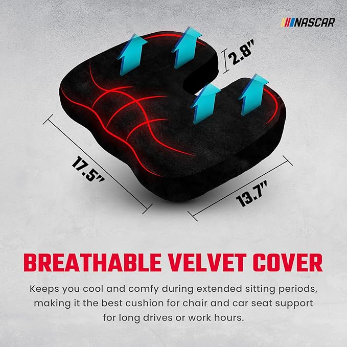 NASCAR Seat Cushion | Ergonomic U-Shape with Memory Foam for Tailbone, Sciatica, & Back Pain Relief | Breathable & Comfortable Velvet w/Non-Slip Rubber Bottom | for Car, Office, Home, Travel | Black
