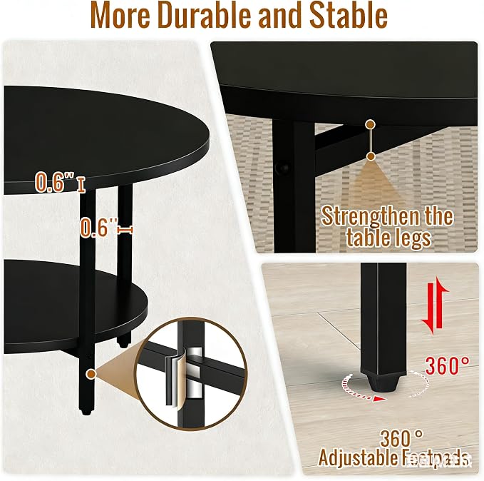 FAMIDGE Coffee Table, 27.6“ Circle Coffee Tables for Living Room, 2 Tier Round Coffee Table with Storage, Wood Accent Center Floor Table for Bedroom, Industrial Home Office, Black (27.6" D x 17.7" H)