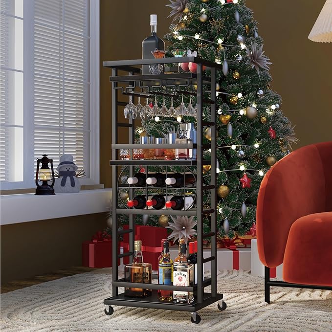 4 Tier Bar Cart with Wheels, Home Bar Serving Cart, Rolling Mini Wine Cart with Wine Rack and Glass Holder, Drink Cart for Dining Room, Living Room, Kitchen, Bar and Outdoor Black