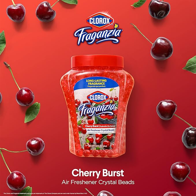 Clorox Fraganzia Crystal Beads Air Freshener, Long Lasting Room Deodorizer and Odor Eliminator Gel Beads to Freshen Home, Car, or Office, Cherry Burst Scent, 12 Fl Oz