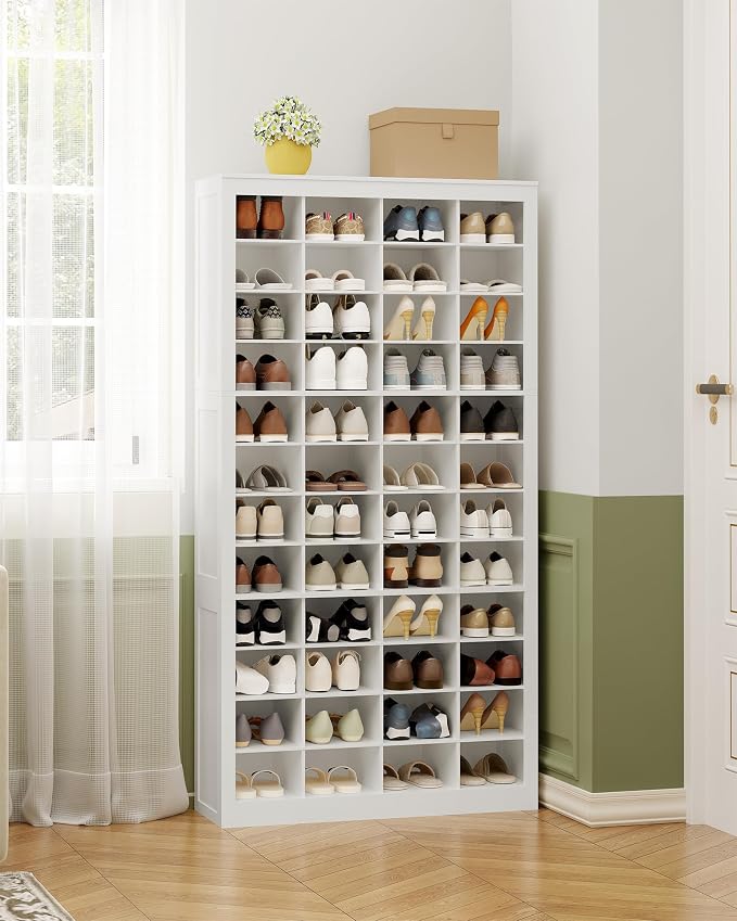 Hzuaneri Shoe Storage Cabinet, 48 Pairs Free Standing Closet Organizer, 9 inch Widened Cell Wood Shoe Organizer, 12 Tiers Vertical Space Saving Shoe Rack for Entryway, Cloakroom, White SR39603X