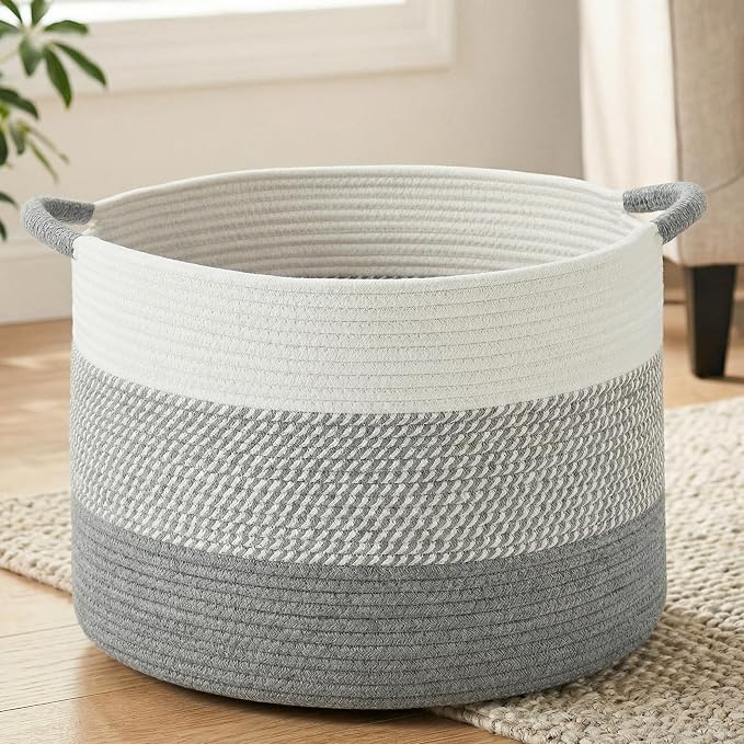 Artfeel 40L Large Cotton Rope Basket, Decorative Woven Blanket Storage for Living Room, Boho Toy Storage & Toy Box for Kids, Versatile Laundry Basket & Nursery Hamper for Blankets(Gery)