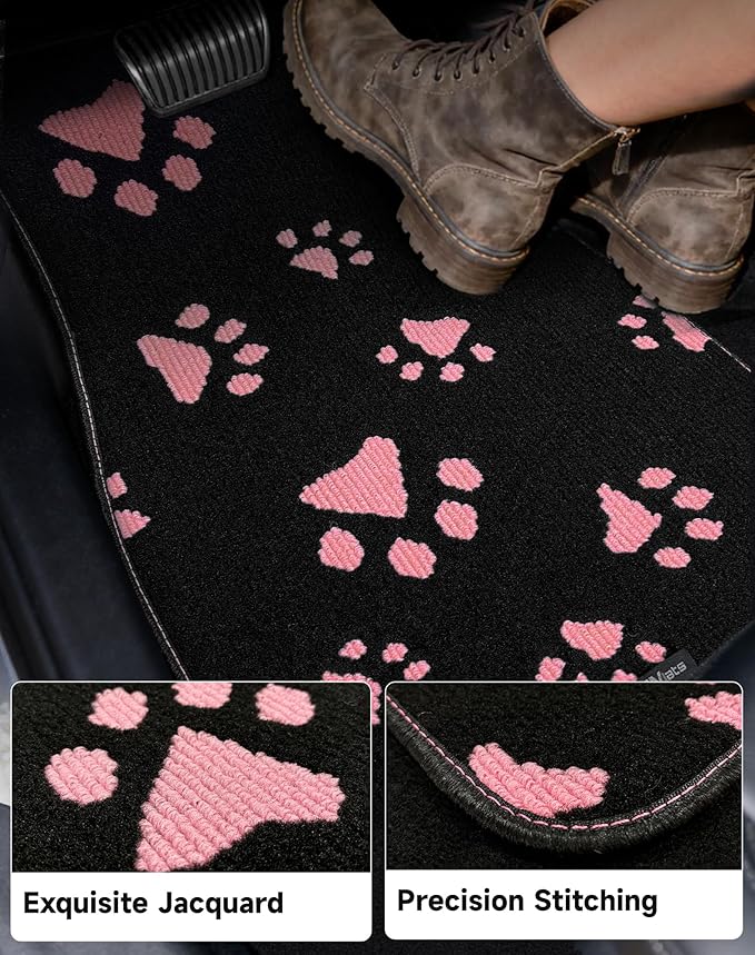 Cute Embroidered Dog Paw Car Floor Mats for Pet Lovers, Universal Fit All Weather Car Mats with Anti-Slip Nibbs Backing, Carpet Floor Mats for Cars, Trucks & Sedans, Full Set of 4 (Pink Paw)