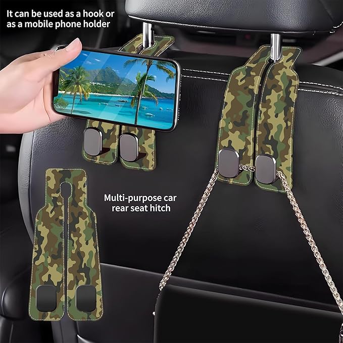 Camouflage Car Headrest Purse Hanger Camo Hunting Forest 1 Pack Bag Purse Holder for Car Premium Leather Double Metal Hook for Handbags, Grocery Bags and Phones