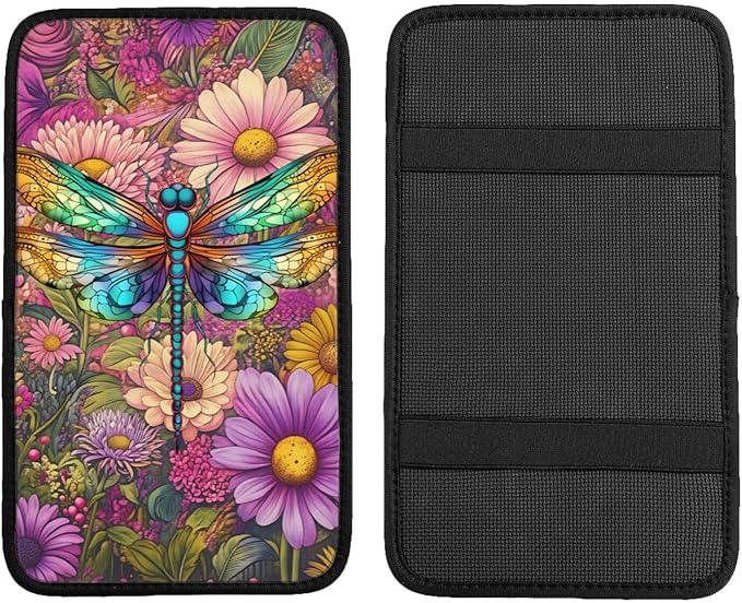Universal Car Center Console Cushion Pad, Purple Flower Dragonfly Soft Waterproof Car Center Console Cover Auto Armrest Seat Box Cover Protector for Most Vehicle SUV Truck Car