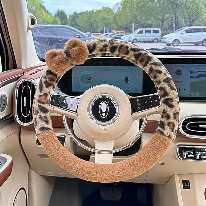 Car Steering Wheel Cover with Leopard Print & Cute Bowknot Soft Anti-Slip Y2K Retro Luxury Fluffy Fur Car Interior Accessory (Cheetah)