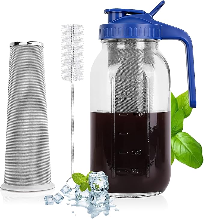 Cold Brew Coffee Maker - 64 Oz Heavy-Duty Glass Mason Jar Pitcher with Stainless Steel Filter, Leak-Proof Lid, Ergonomic Handle & Precision Pour Spout – Ideal for Iced Coffee, Tea, Cold Brew (Blue)