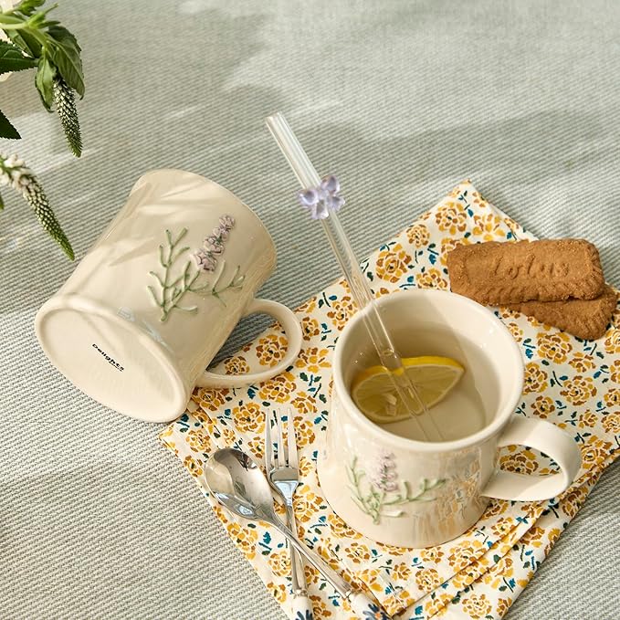 Artisanal Handcrafted Ceramic Mug with Sage Botanical Design - 10oz Off-White Stoneware Coffee Cup, Elegant Purple Sage Pattern, Dishwasher Safe, Comfort Grip Handle for Daily Use-2pack