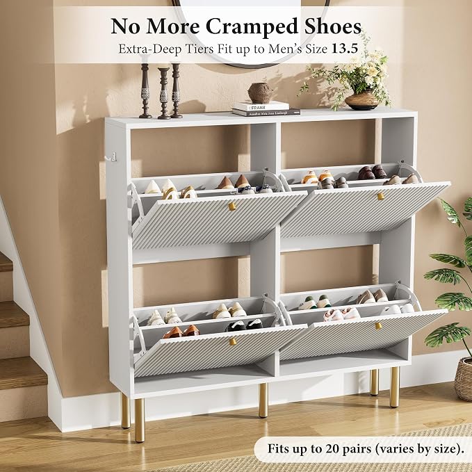 Nicetree Shoe Storage Cabinet for Entryway - 4 Flip Drawers Shoe Cabinet with Tiered Fluted Design - Slim Shoe Storage Rack with Gold Legs - Narrow Shoe Cabinet Hidden Shoe Organizer for Small Spaces