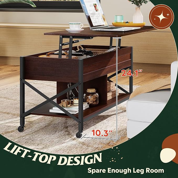 WLIVE Coffee Table, 41.3" Lift Top Coffee Table with 4 Wheels, Hidden Compartment, Storage Shelf and Lift Tabletop for Living Room, Reception Room, Espresso