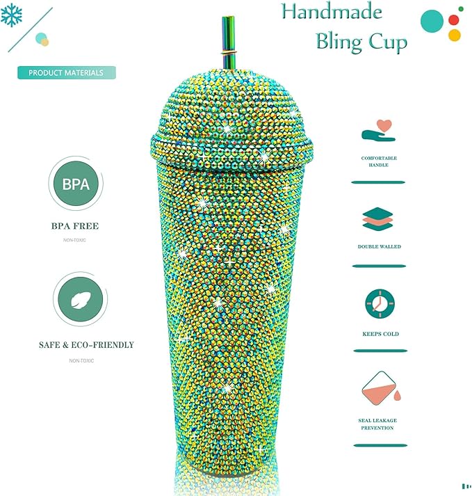 24oz Bling Cup Handmade Rhinestones Studded Tumbler Double Wall Insulated Plastic Reusable Water Bottle with Lid and Straws for Home Office Party Beach(Deep Green)