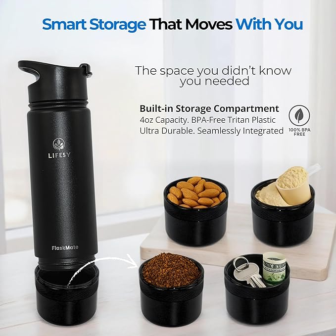 Coffee & Cold Brew Travel Bottle – 18oz Insulated Flask with French Press-Style Brewing, Hidden Storage & Dual Lids – For Hot & Cold Drinks – FLASKMATE All-in-One System (Midnight Black)