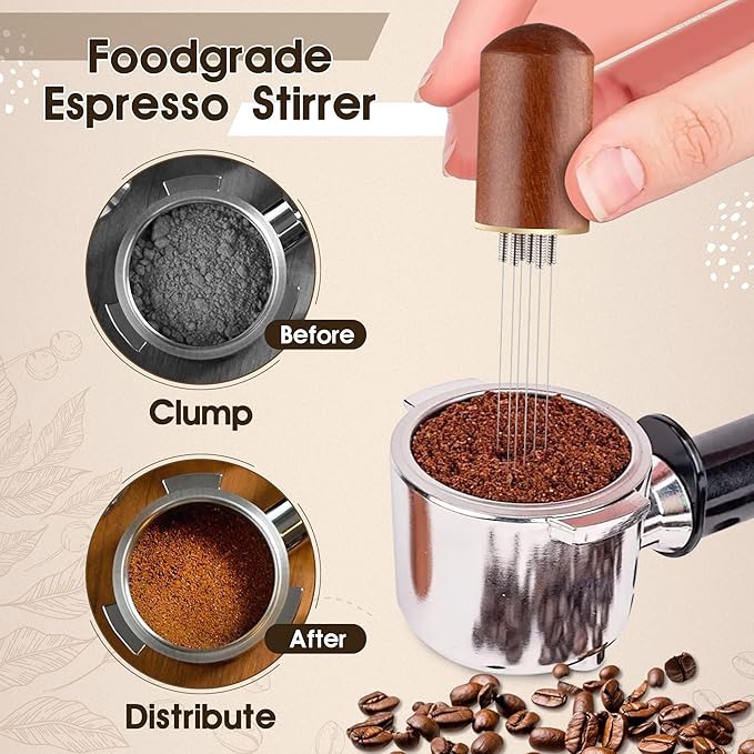 Espresso Distribution Tool Accessories - 53mm Spring Loaded Coffee Calibrated Tamper Kit with Needles, WDT Stainless Steel Espresso Stirrer Dosing Funnel Set for Barista Coffee Machines