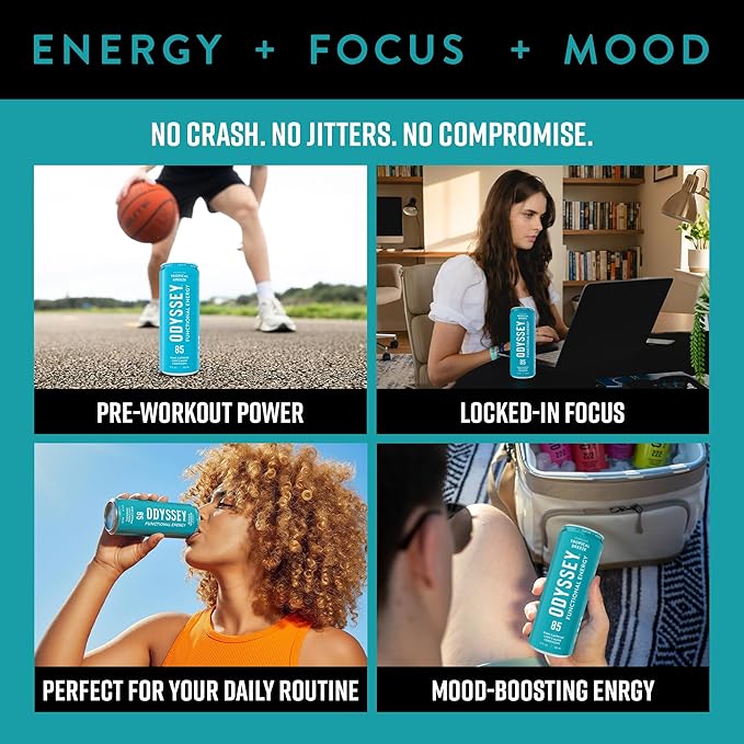 Odyssey Functional Energy Drink for Focus, Cognition & Mood Support 12 Pack - Adaptogenic Drink with 85mg Green Tea Caffeine, Lion’s Mane, Cordyceps, L-Theanine & Ginseng, Sparkling Tropical
