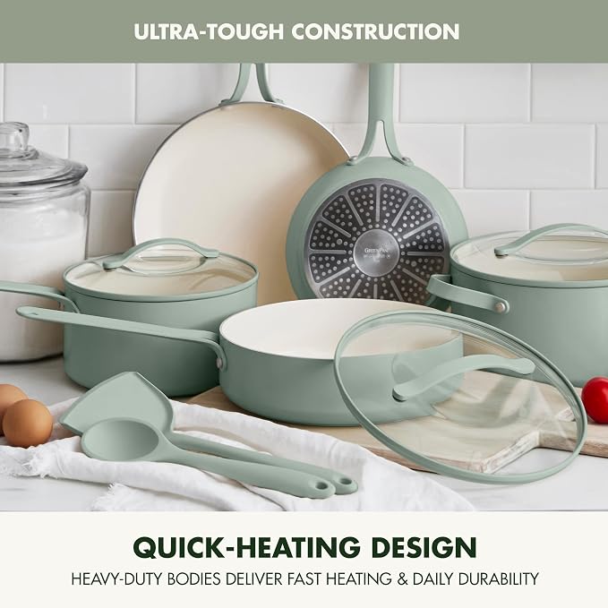 GreenPan Nova 10-Piece Nonstick Cookware Set, PFAS-Free Ceramic Pots & Pans with Silicone Cooking Utensils, Durable Fast Heating, Induction Ready, Oven Safe to 600°F, Dishwasher Safe, Pistachio Green