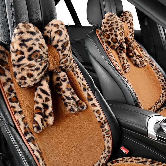 Car Steering Wheel Cover with Leopard Print & Cute Bowknot Soft Anti-Slip Y2K Retro Luxury Fluffy Fur Car Interior Accessory (Leopard Set 5)
