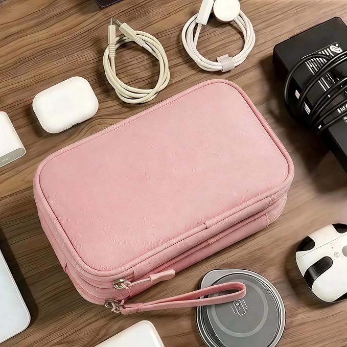 Portable Waterproof Double Layers All-in-One Storage Bag, Travel Cord Organizer，Electronics Accessories Organizer Pouch Bag for Accessories,Charger, USB Cable, Gadget (pink)