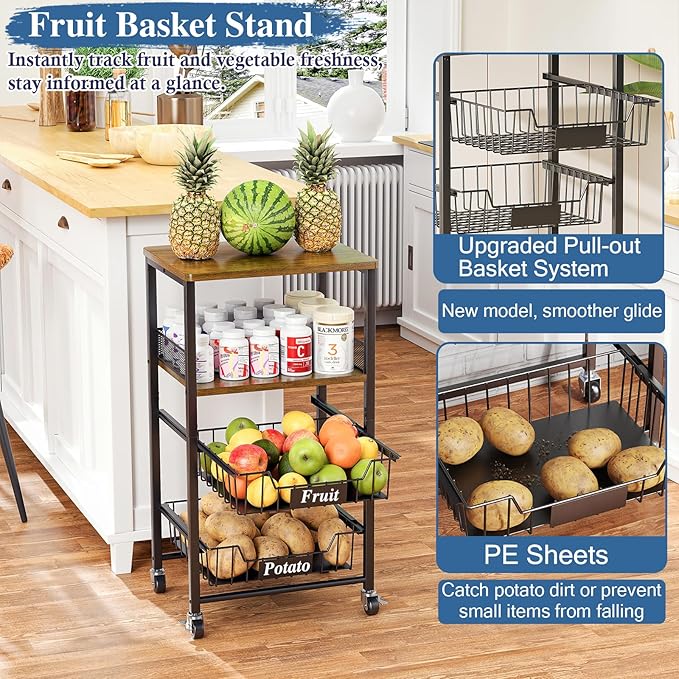 4 Tier Rolling Cart with Drawer Baskets, Metal Utility Storage Cart with Wheels and Wood Top for Living Room, Kitchen, Home Office, Bedroom, Pantry, Baby Essential, Makeup, Snack, Craft, Black