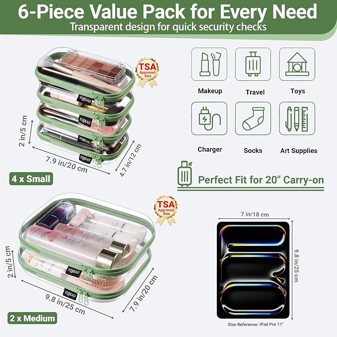 6 Pack Green Clear Hard Shell Beauty Organizer (2M+4S), 1.2mm Heavy Duty Crush-Proof Cosmetic Case, Reinforced YKK Zippers, Stadium Approved Security Bag for Skincare & Electronics, Multi-Size Set