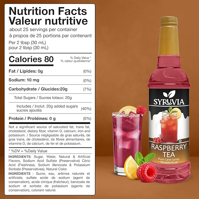 Syruvia Raspberry Tea Flavored Syrup for Drinks, Cocktails, Lemonades, Iced Teas and Desserts – 25.4 fl oz, With Pump