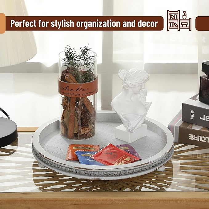 Bamboo Land- Round Decorative Trays for Coffee Table, 12", Light Gray, Wood Tripod & Beaded Design, Wooden Round Tray for Coffee Table