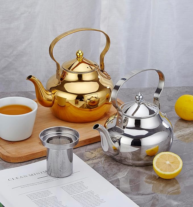 68oz Stainless Steel Teapot with Removable Filter, Portable Coffee Pot for Loose Leaf Tea Bags, Metal Gooseneck Kettle, 2 Liter Hot Water Kettle Boiling Pot, Silver