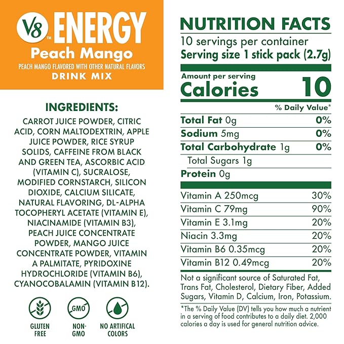 V8 Energy Peach Mango Energy Drink Powder, .10 oz Packet (10 Count) (Pack of 2)