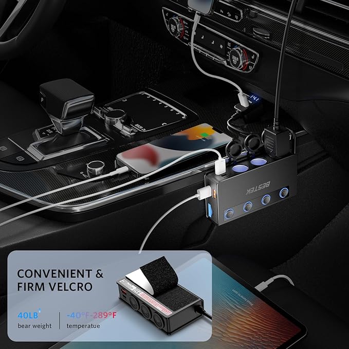 BESTEK 180W Cigarette Lighter Splitter, 3-Socket Car Adapter with PD36W/65W and QC3.0 18W*4 Charging Ports,Independent Output Power, LED Voltage Display Super Fast Charger for GPS, Car, iPhone 17
