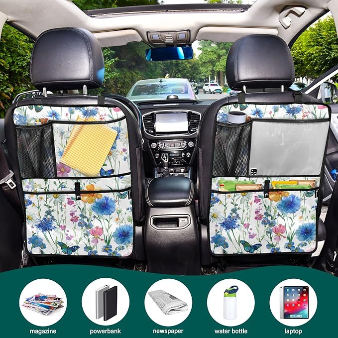 2 Pack Back Seat Car Organizer with Storage Pockets Kick Mats Back Seat Protector Hanging Car Organizer Automotive Seat Back Cover Organizers Watercolor Cornflower Daisy