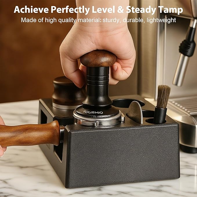 Espresso Tamping Station - 7 in 1 Espresso Coffee Organizer Box Fits for Storage 51/54/58MM Espresso Tamper, Distributor, Portafilter and Puck Screen Accessories, Plastic Tamp Station, Black