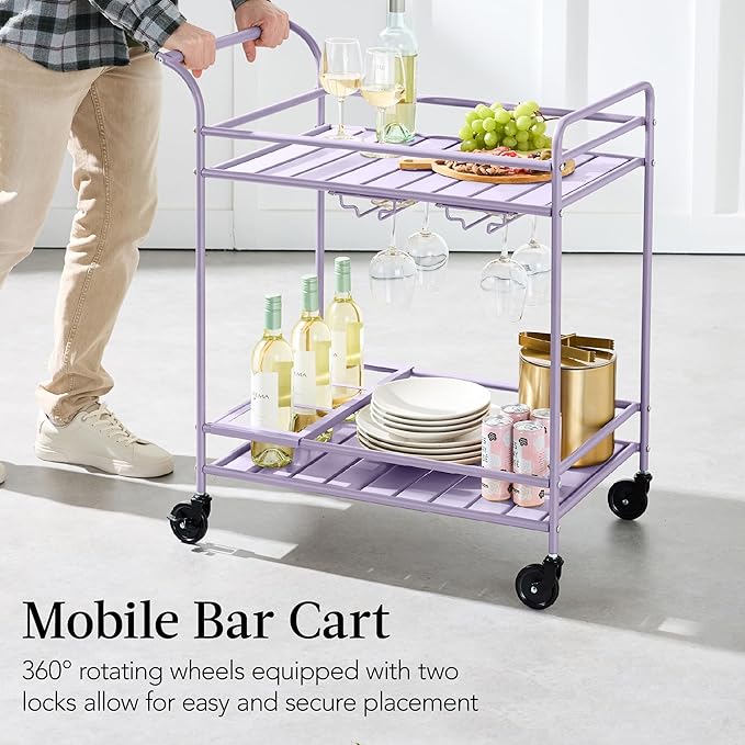 Best Choice Products Rolling Bar Cart, Mobile Home Bar Serving Cart, Serving Station w/ 2 Tier Shelves, Wine Rack, Lockable Wheels - Lavender