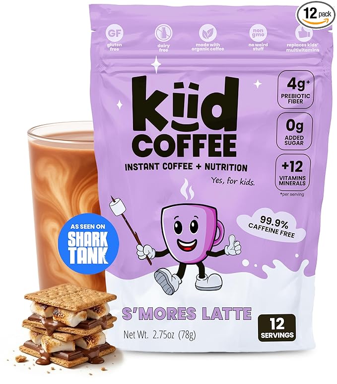 Kiid Coffee - 99.9% Caffeine-Free Organic Coffee for Kids - As Seen on Shark Tank - 12 Vitamins & Minerals, 4g Prebiotics, 0g Sugar - Non-GMO & Gluten-Free - Healthy Snack - Smores Latte - 12 Servings