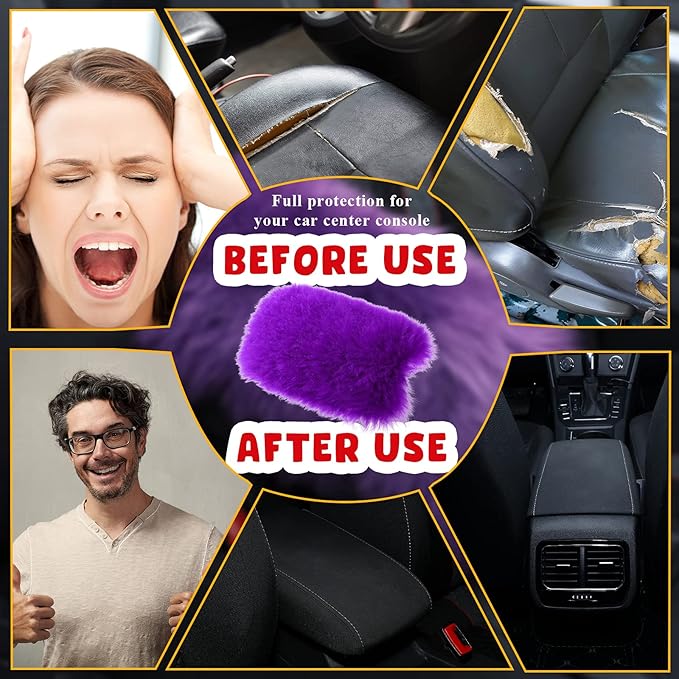 Frienda Furry Armrest Cover Auto Center Console Cover Car Soft Console Pad, Real Sheepskin Wool Soft Fluffy Auto Center Armrest Pad for Most Car Decoration Protector(Purple)