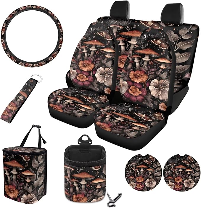 10 PCS Car Interior Accessories Sets for Women, Mushroom Flower Printed Comfortable Breathable Car Front and Back Seat Protector with Steering Wheel Cover Trash Can Coaster, Universal Fits