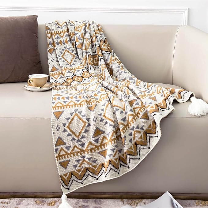 Brown Queen Size Knitted Tassel Boho Soft Lightweight Vintage Tan Throw Blanket for Sofa Couch Bed and Living Room- All Seasons (60x80 Inch)