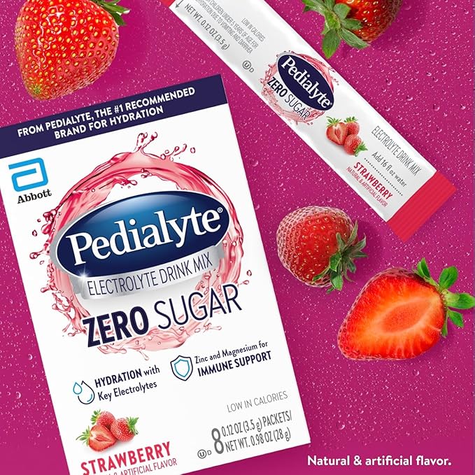 Pedialyte Electrolyte Drink Mix With Zero Sugar | Hydration With Key Electrolytes | Great Hydration Low in Calories | Strawberry, 24 Powder Packets