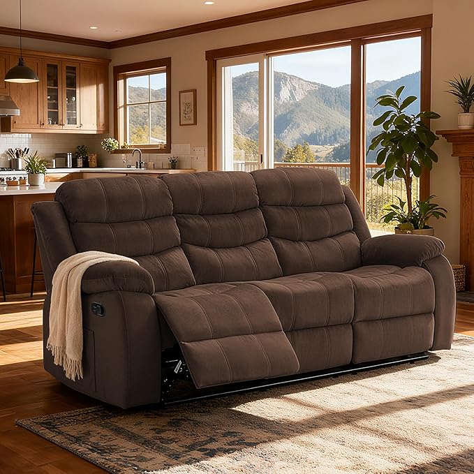 Reclining Sofa Set 3 Seater Couch Recliner, Velvet Wall Hugger Recliner Sofas for Living Room, RV, Home Theater Seating(Brown, 3 Seater Sofa)
