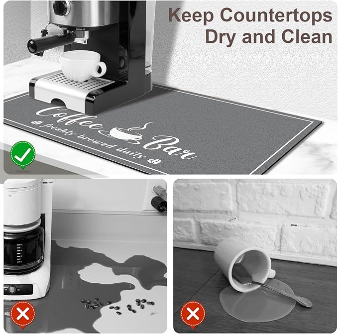 Absorbent Coffee Mat, Fashion Dish Drying Mat for Kitchen Counter Coffee Bar Accessories Espresso Machine Dish Rack 12" x 20" Dark Grey