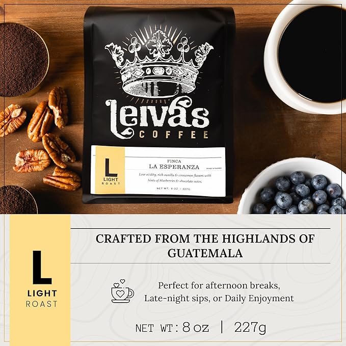 Leiva’s Ground Light Roast Coffee, Roasted to Order, Small Batch Guatemalan Beans – Finca La Esperanza Single Origin Coffee Ground w/Vanilla, Cinnamon & Chocolate Notes - Low Acidity Roast