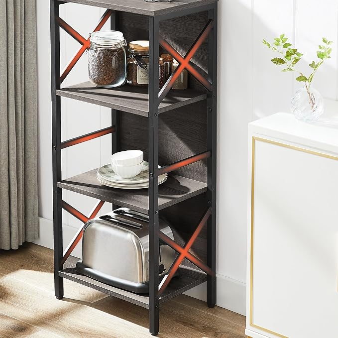 MNEETRUNG Small Bookshelf,4 Tier Industrial Bookcase with Metal Frame and Backboard,Narrow Rustic Gery Book Shelf,Book case for Small Spaces,Living Room,Bedroom and Home Office