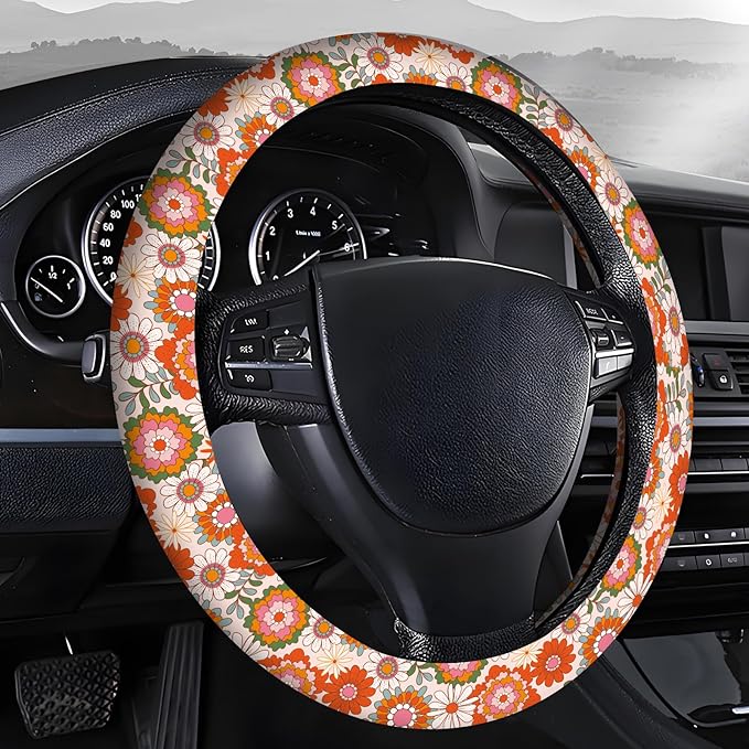 Steering Wheel Covers for Car, Truck, and SUV, Cute Non-Slip Breathable Elastic Steering Wheel, Car Accessories, Universal 15 Inch Leather Cover for Men Women Blooming Floral