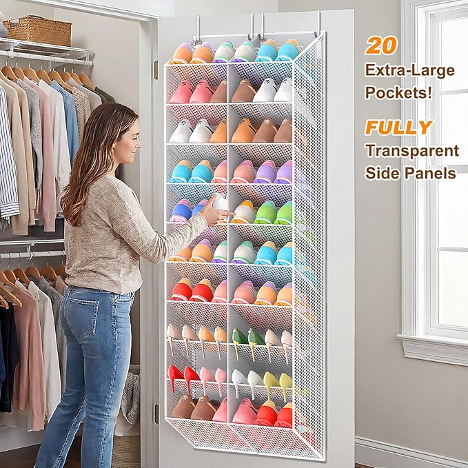 UVIAHOMI Over the Door Shoe Organizer for 30 Pairs, 10-Tier Light Grey