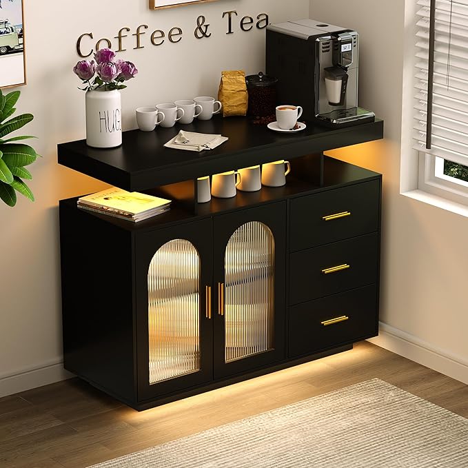 HWB LED Coffee Bar Cabinet - Sideboard Buffet withRGB Lights & Charging Station, Black
