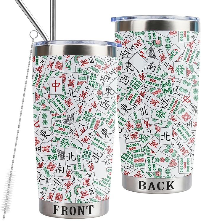 Mahjong Gifts, Mahjong Themed Stainless Steel Insulated Tumbler with Lid and Straw 20oz, Mahjong Lover Gift Mahjong Player Gift for Friend Family (Mahjong)