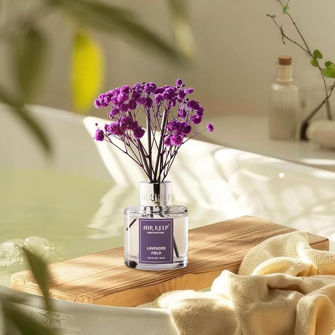 Airkeep Reed Diffuser Set,1.69 fl oz (50 ml) - Lavender Field Oil Diffusers with 8 Reed Sticks,Home Fragrance Reed Diffuser for Bathroom Shelf Decor