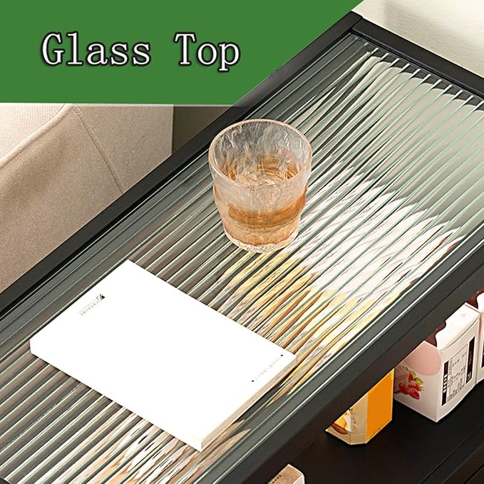 Side Table Glass Top Movable End Table Coffee Station Table, MDF Coffee Bar Stand Cart with Storage Coffee Table on Wheels,for Home Kitchen, Entryway, Living Room,Dining Room(Black)