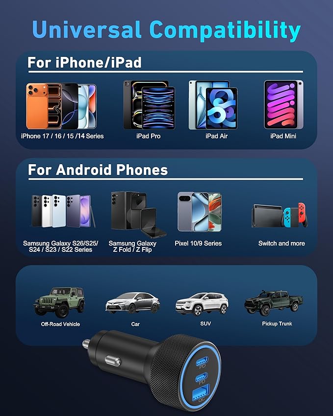 for iPhone 17/16/15 Pro Max Car Charger, 67W 3-Port Fast USB C Car Charger Power Cigarette Lighter Adapter with 3FT USB C to C Cable for iPhone 17/17 Pro/Air/17e/16/15 Pro Max/Plus/16e, iPad