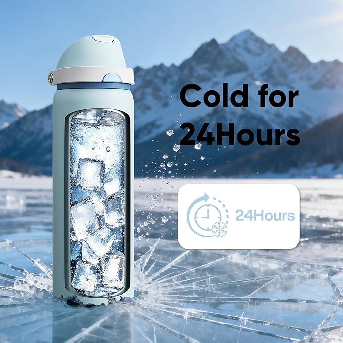 Insulated Water Bottle with Straw - Encool Stainless Steel Water Bottle with Push Button Lid, Leak-Proof & BPA-Free, Keeps Cold for 24 Hours for Sports, Travel, Gym (32 oz, Jungle Mist)