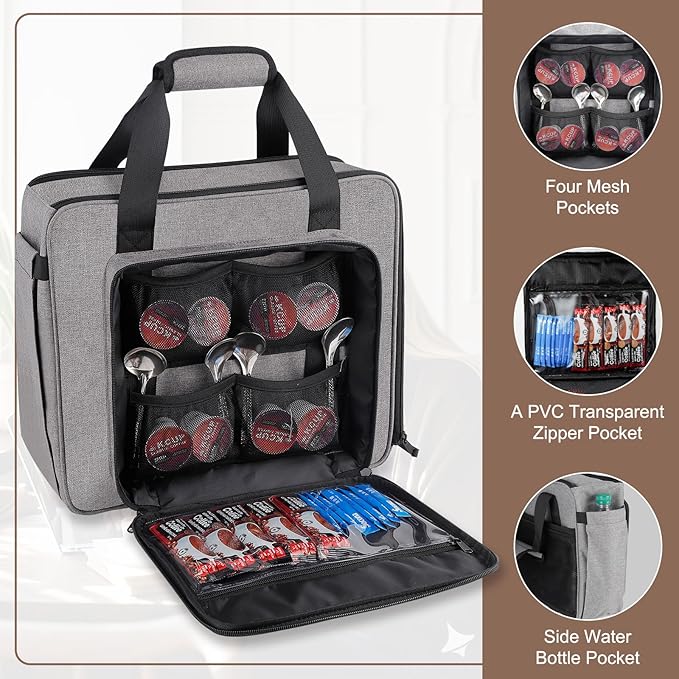Portable Carrying Coffee Maker Travel Bag Match for Keurig K-Slim/K-Iced Plus, Single Serve Coffee Machine Travel Bag with Padded Shoulder Straps Includes Multiple Storage Bags, Grey
